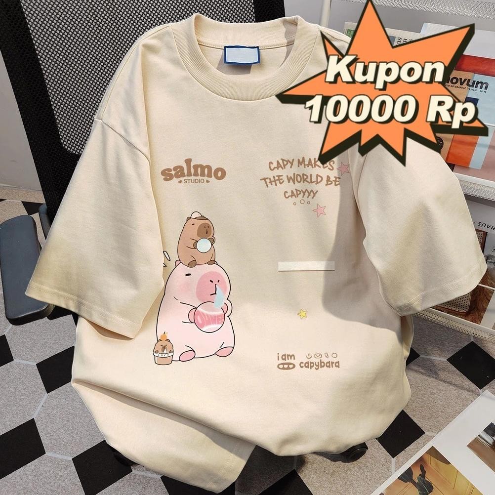 Kaos Wanita Korea Kaos Oversized 100% katun Motif kapibara lucu Kaos longgar wanita oversized