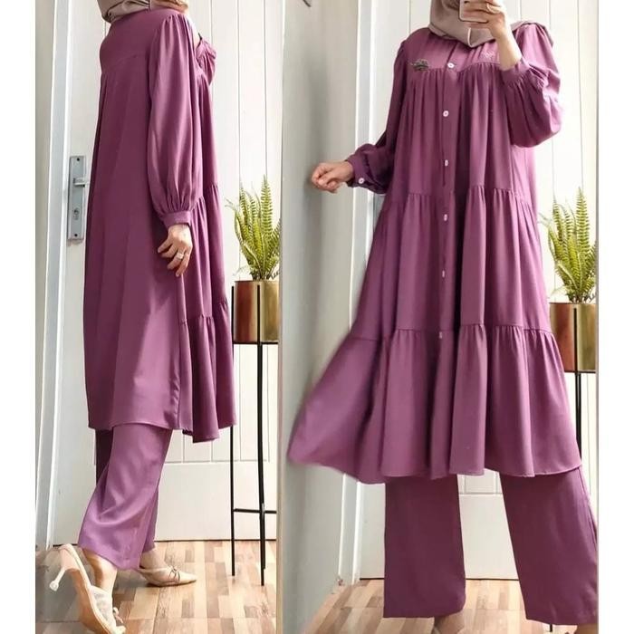 DWF Sania Set Jumbo-Setelan Celana+Tunik Polos Full Kancing Ld 120 Busui Frendly Model Tunik Susun