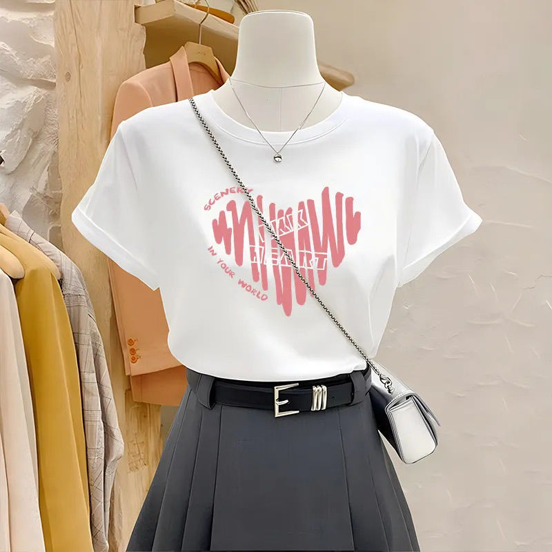 Baju Atasan Wanita Kaos Putih Motif Hati Muda - Fashion Kasual Korea OOTD