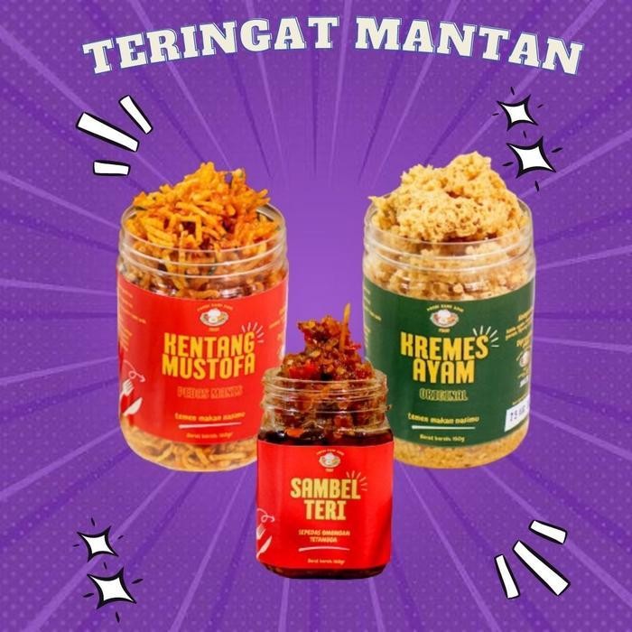 

SEDIA! PAKET TERINGAT MANTAN Sambal Teri 160gr Kremes Ayam Original 180gr Kentang Mustofa Pedas Manis 180gr Merah Food Snacks Cemilan Ori!!