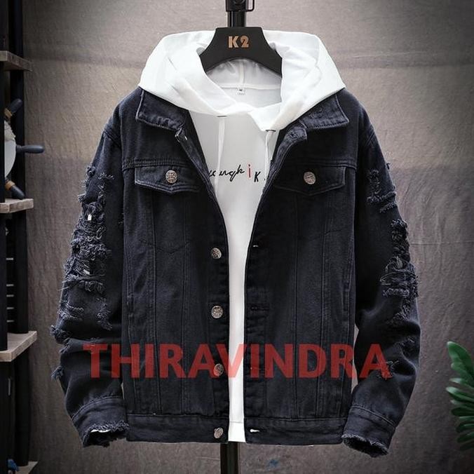 Jaket Denim Jeans Hitam dan Jeans Putih Sobek || Jaket Fashion Pria Korean Style