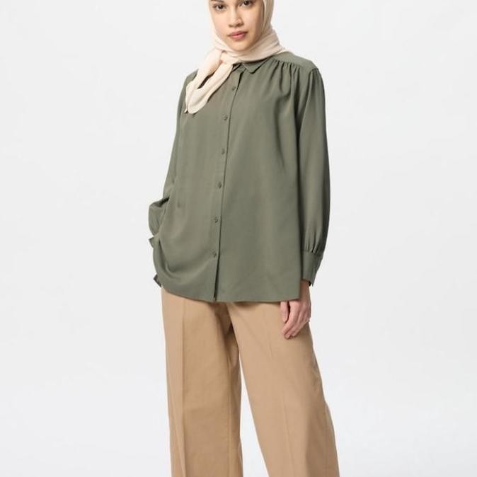UNIQLO Kemeja Blus Tunik Rayon Gathered Lengan Panjang Wanita ORIGINAL