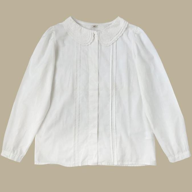 BLUS KEMEJA KATUN PUTIH GADING IVORY CROP LENGAN PANJANG KERAH RENDA KOREA IMPORT