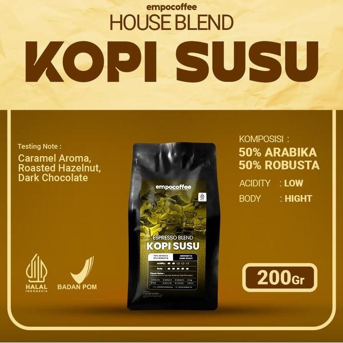

READY KOPI SUSU ESPRESSO HOUSE BLEND 200GR - ARABIKA ROBUSTA ROASTED COFFEE KEKINIAN
