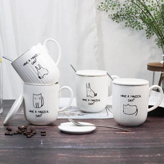 Diskon Cangkir Keramik Nordic Kreatif Mug Teh Kopi + Sendok + Tutup Estetik Unik