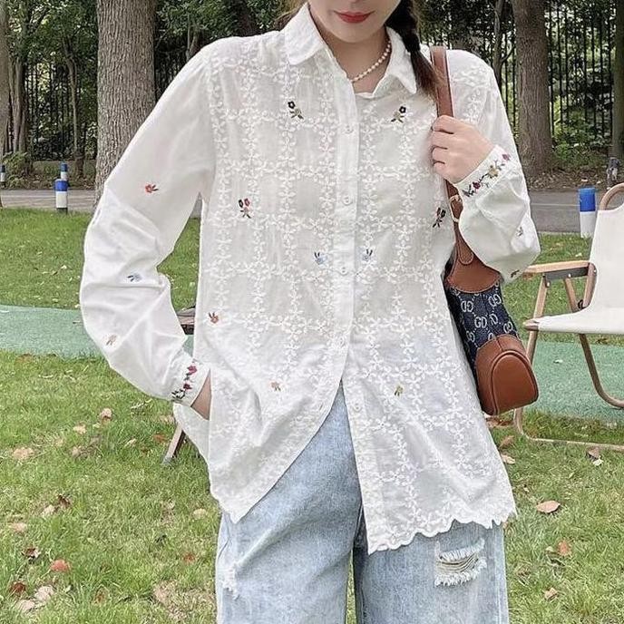 BLUS KEMEJA KATUN PUTIH BRUKAT PUTIH BORDIR BUNGA WARNA WARNI LENGAN PANJANG KOREA IMPORT