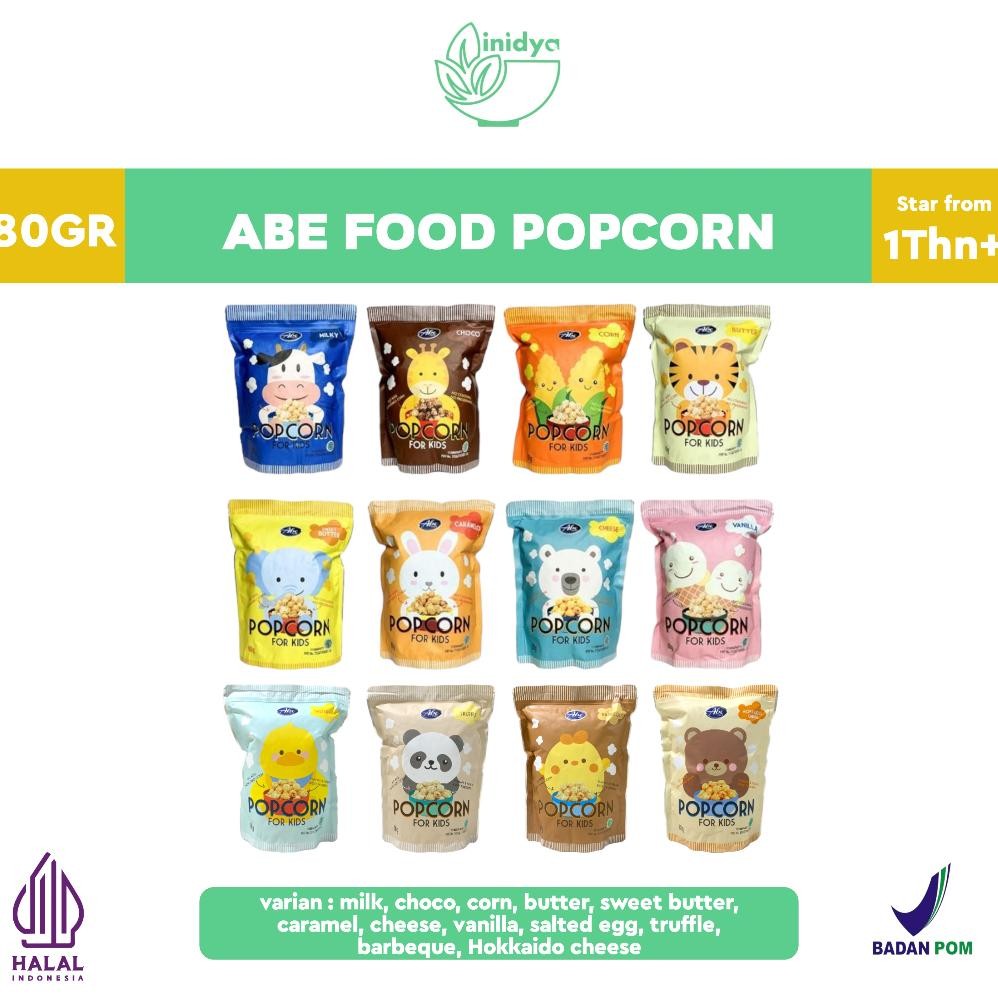 

ABEFOOD Popcorn 80g | Snack Corn Anak | Cemilan Jagung Rasa Coklat, Vanila, Butter, Milk, Caramel Nugi