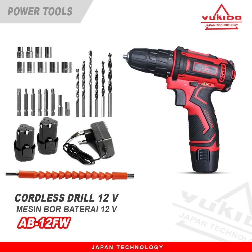 NEW YUKIDO 12V-SET Bor Obeng Bor Baterai 12 Volt Cordless Drill spt JLD/UCHIHA/BOST/RYU MERAH
