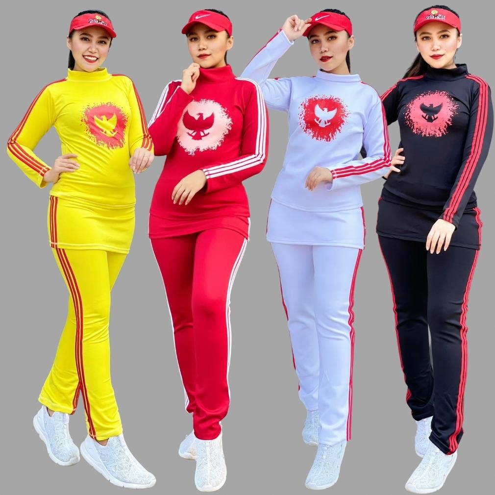 Setelan Baju Senam Aerobic Zumba Gym Fitness Jogging Olahraga Hijab Muslim Merah Putih Garuda