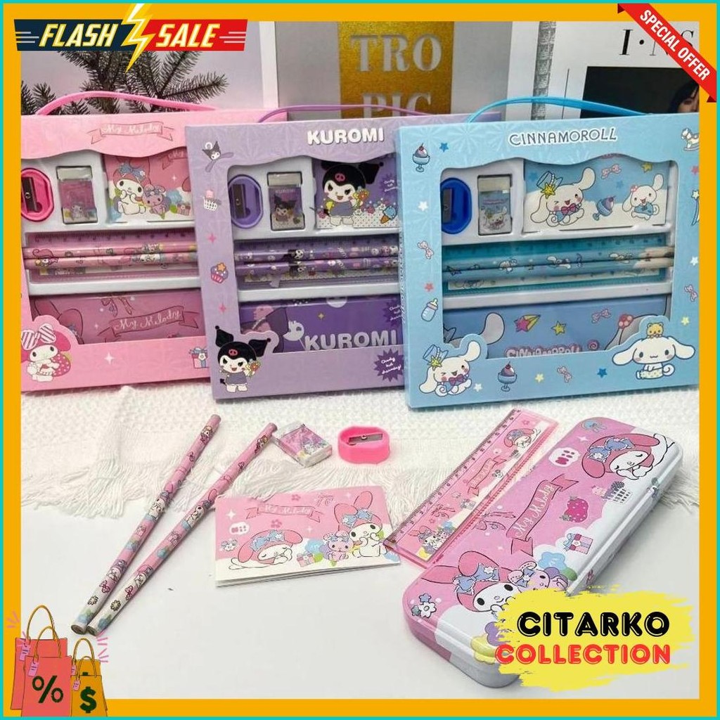 

(Cod) Set Alat Tulis/ Kotak Pensil Anak Set 7 In 1 Stationery Untuk Hadiah Anak Sekolah Sanrio/ Alat Tulis Set Kotak Pensil Karakter Kuromi/ Set Atk Lucu Dan Murah Diskon