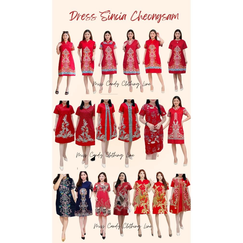 DR161>> Dress Cheongsam Batik Imlek Sincia Merah Navy Series
