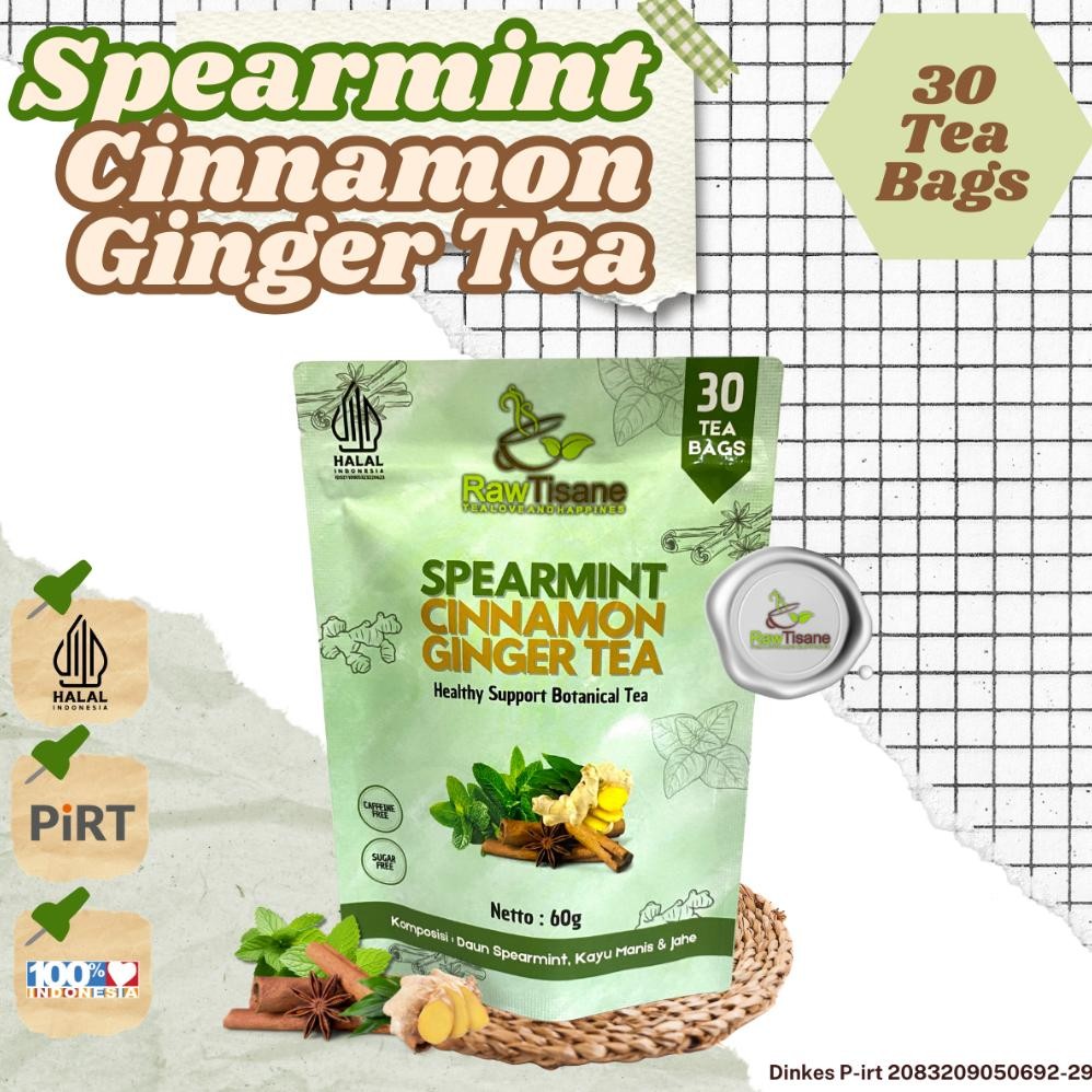 

RAW TISANE Spearmint Cinnamon Ginger Tea : Teh Daun Spearmint, Kayu Manis & Jahe Isi 30 Tea Bag Nugi