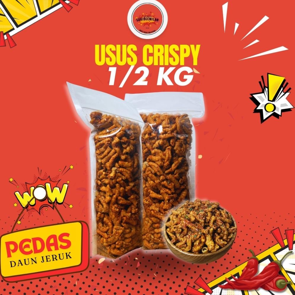 

Promo!!! Keripik Usus Ayam Crispy Pedas Daun Jeruk 1/2kg Nugi