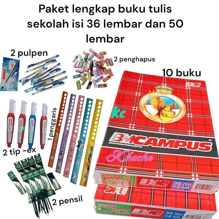 

(Promo) Paket Lengkap Buku Tulis Besar Sekolah Isi 36 Lembar 1Pack 10 Buku Dan 5 Buku Free 2 Pulpen+2 Pensil +2 Penghapus+ 2 Tip -Ex+ 1 Penggaris Buku Tulis Bagus Berkualitas Tinggi Bmcampus Stationery Paper
