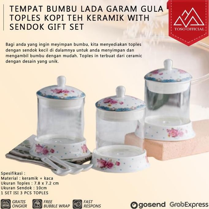 TEMPAT BUMBU LADA GARAM GULA TOPLES KOPI TEH KERAMIK + SENDOK GIFT SET