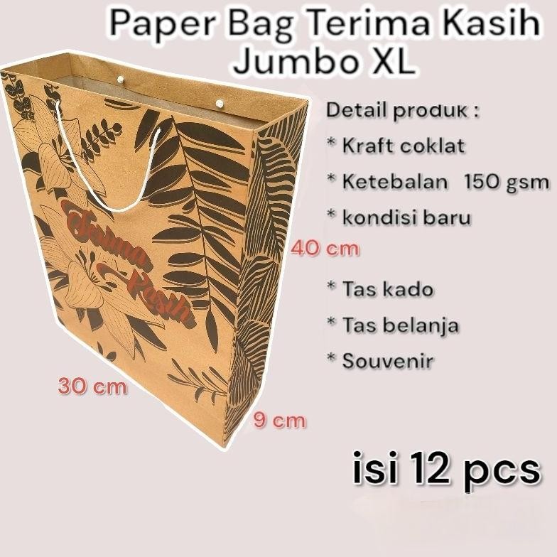 

Paper Bag Kado Terima Kasih Jumbo XL Lusinan Isi 12 Pcs Ukuran 3040 Cm Nugi