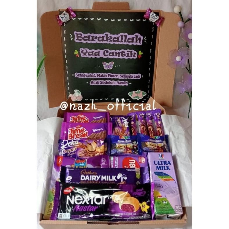 

SNACK BOX Kado Ulang Tahun/ Kado Wisuda/ Kado Anniversary / Paket Ungu Nugi