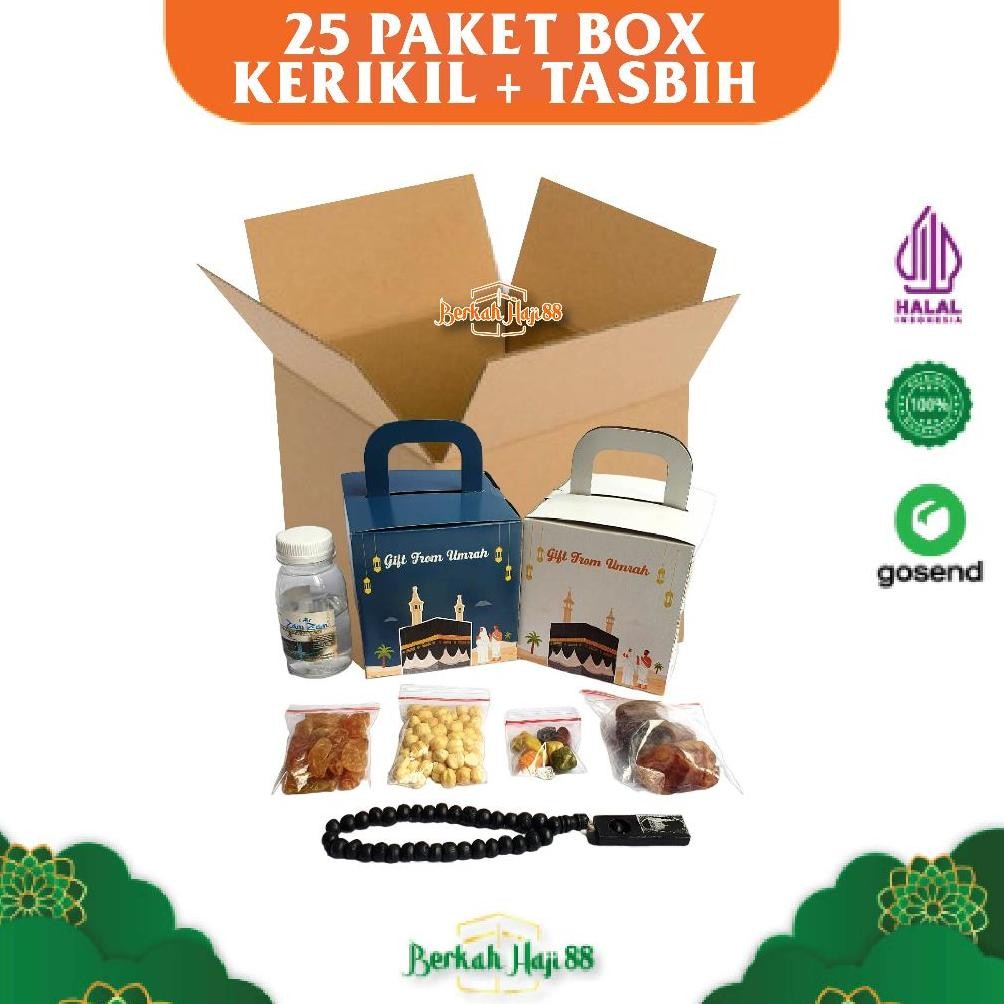 

Paket Oleh Oleh Haji dan Umroh dus Box + Coklat Kerikil + Tasbih Kayu per 25 pcs Nugi