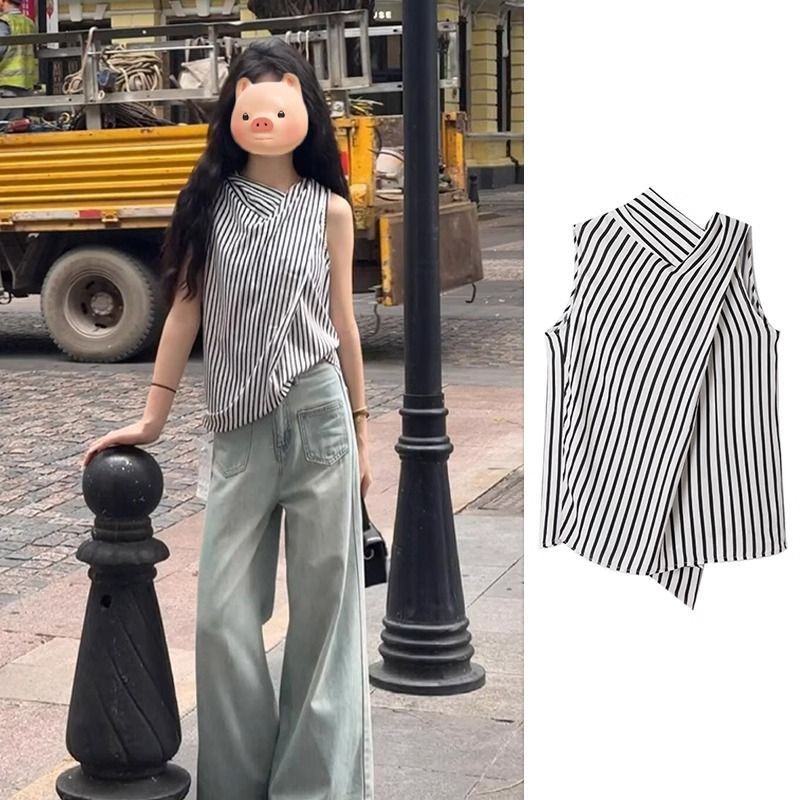 Kemeja Wanita Musim Panas Leher Halter Tidak Teratur Hitam dan Putih Bergaris Pita