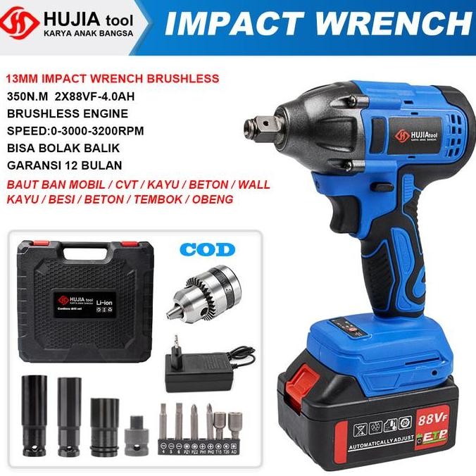 HUJIA Impact Wrench 88vf Cordless Torsi Besar Mesin Bor Baterai Rechargeable
