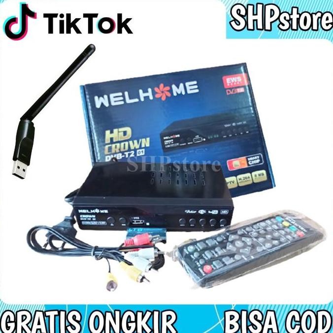 SET TOP BOX TV DIGITAL WELHOME DVB T2 RECEIVER SIARAN JERNIH BONUS DOGEL KABEL ANTENA KABEL ANTENA O