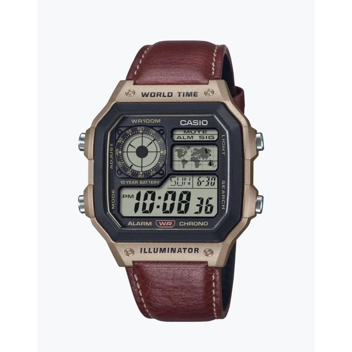 Wl Casio Digital World Time Jam Tangan Pria Strap Kulit Cokelat Ae-1200Whl-5A Original