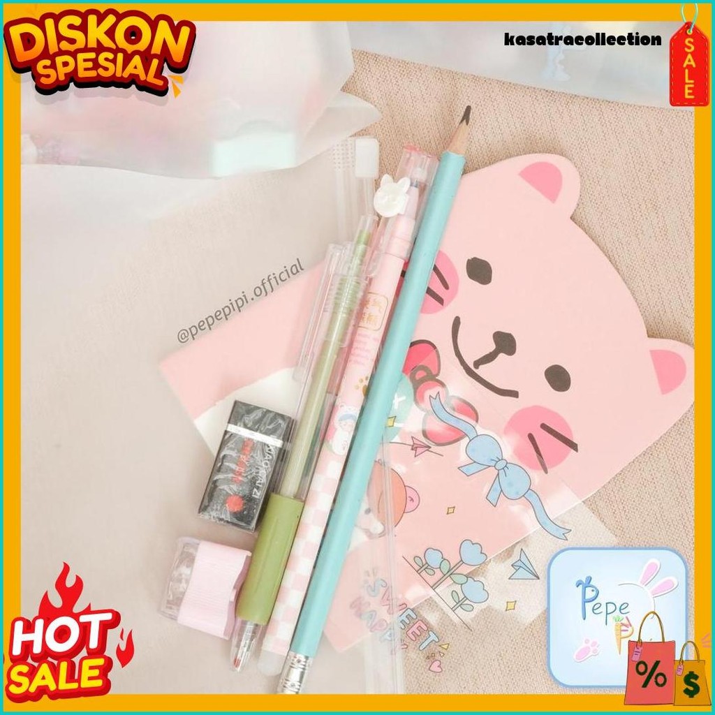 

Set Alat Tulis 10K Pouch Hadiah Kado Bingkisan Pulpen Pensil Stiker Penghapus Rautan Notebook Diskon Setengah Harga
