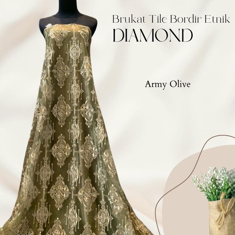 DF161>> Bahan Kain Kebaya Brukat Tile Meteran Motif Diamond Ala Keraton Warna Hijau Army Olive