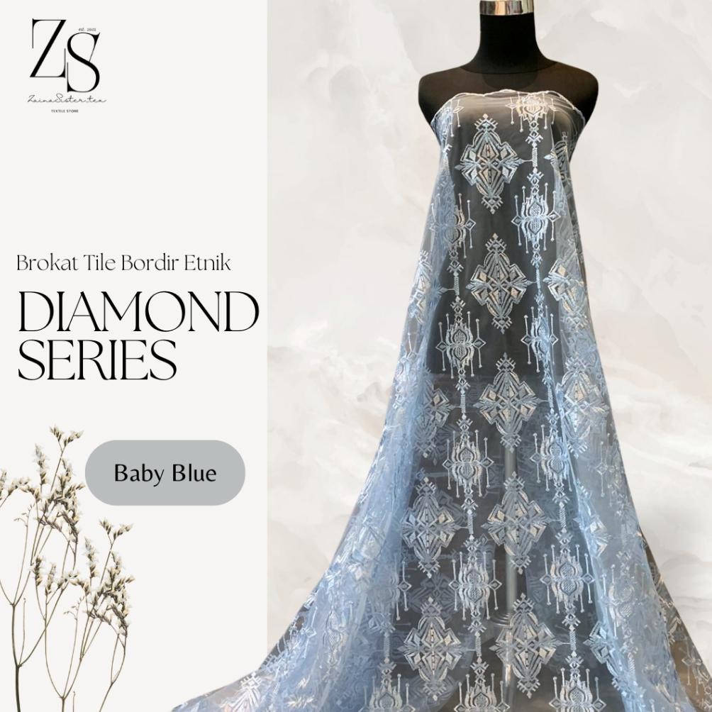 DF358>> Bahan Kain Brokat Brukat Tile Bordir Etnik Mewah Diamond Series Warna Baby Blue Biru Muda