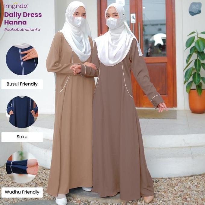 Irnanda Hanna Dress Gamis basic Polos wanita Bahan Madeline Simple Kantong Wudhu Busui Friendly Musl