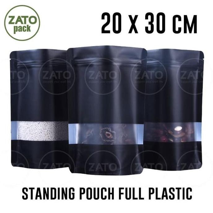 TERBARU - 20x30 - 50 pcs BLACK STANDING POUCH FULL PLASTIC - kemasan packaging bungkus standing pouc