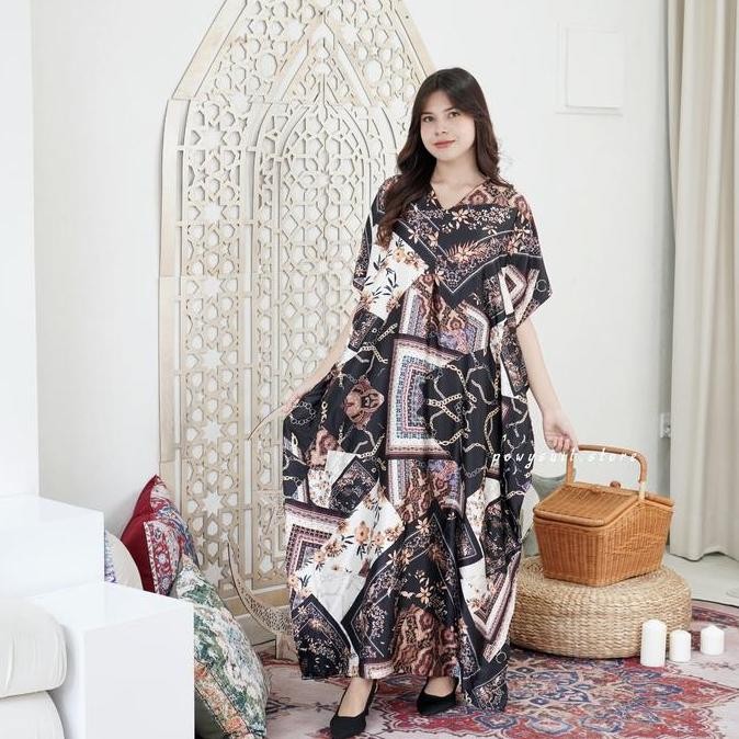 Kaftan Powysuit Lebaran Muslim wanita Motif Satin Silk Dress Jumbo 2025