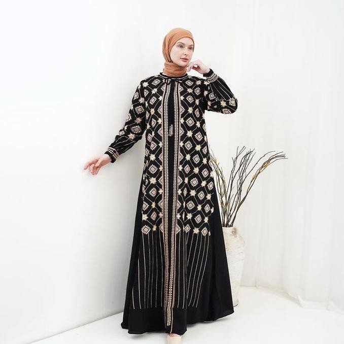 Rita WD 238 / gamis super black model layer menyatu / gamis bordir payet cantik mewah elegant