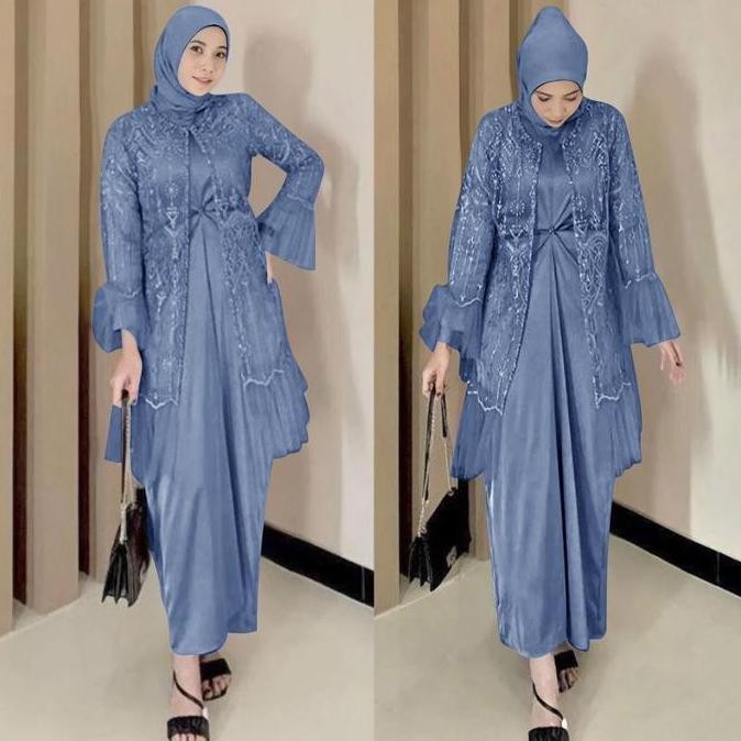 Gamis 2in1 brukat tile size M-XXL jumbo bigsize dress gamis muslimah cardigan Dalaman Maxi Mutiara P