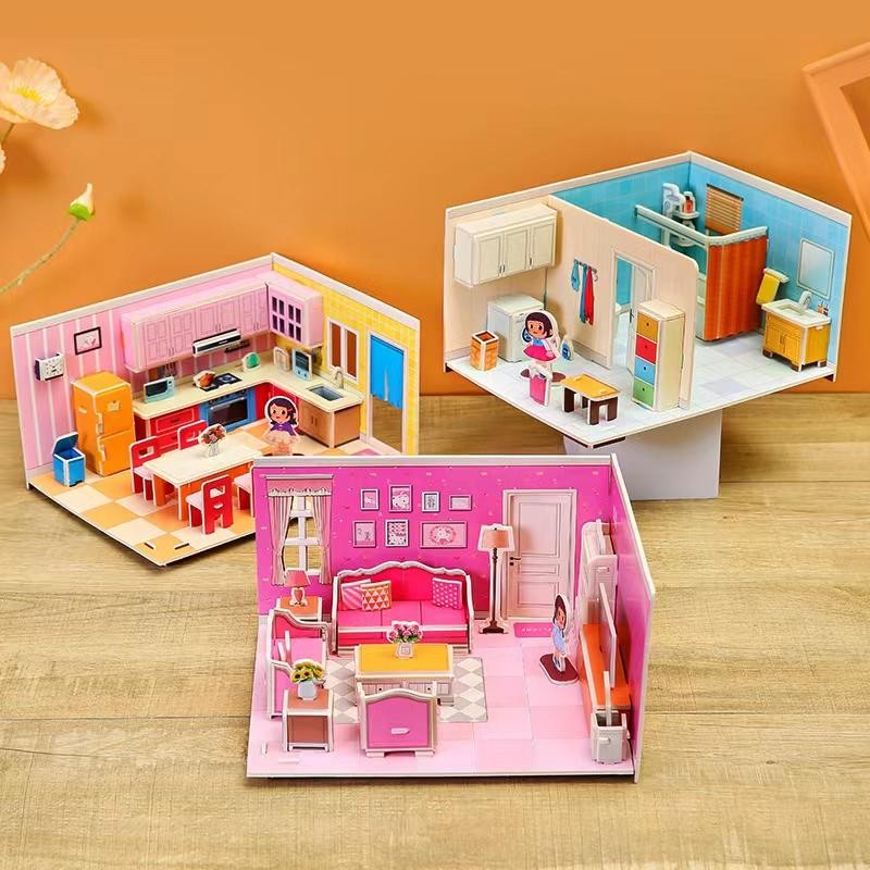 3D Puzzle Mainan Edukasi Anak Perempuan Laki Seri Interior Rumah Besar Diy Hadiah