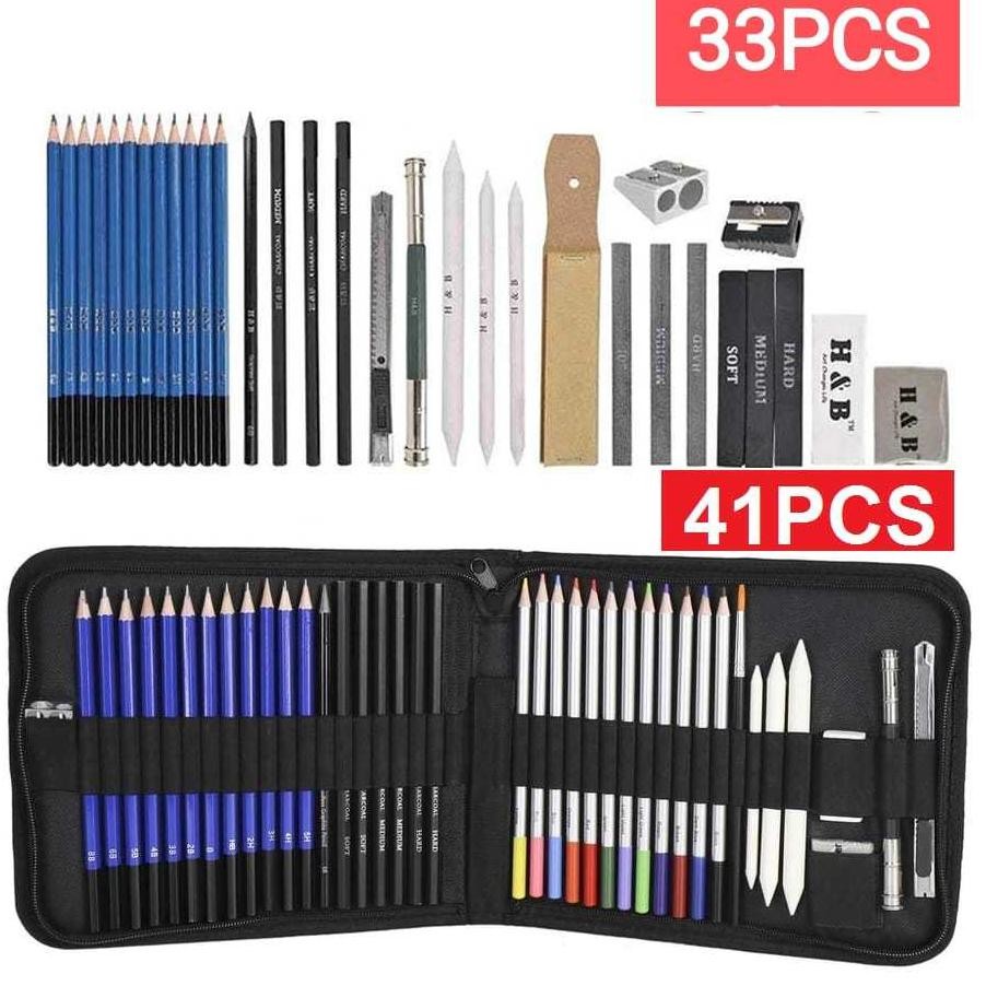 

33PCS 41PCS Set Sketch Pensil Pisau Penghapus dan Pensil Gambar untuk Keperluan Sekolah Pencil Drawing Set