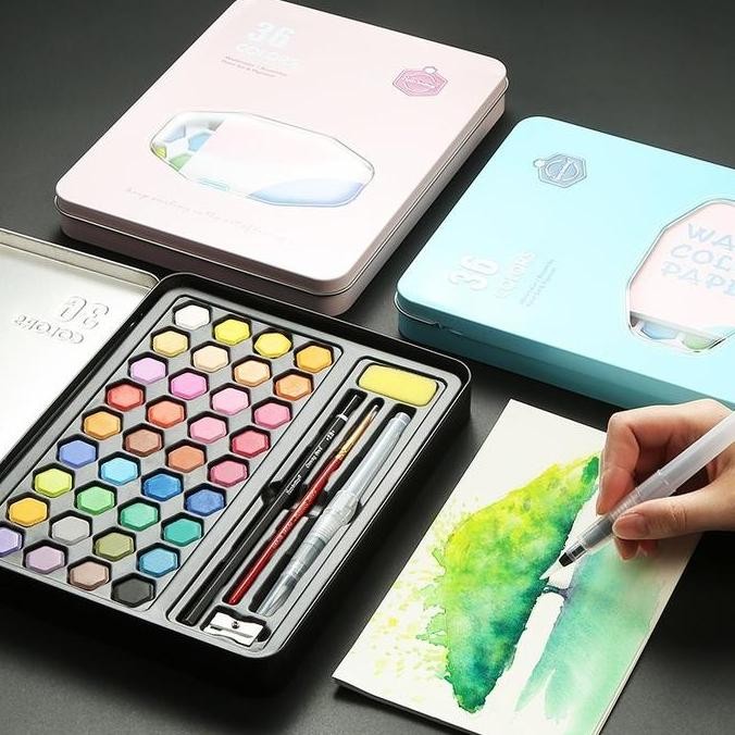 

48 36 Warna Watercolor Cat Air Padat Solid Watercolour Set Alat Melukis Mewarnai BONUS Kuas dan Kertas Gambar