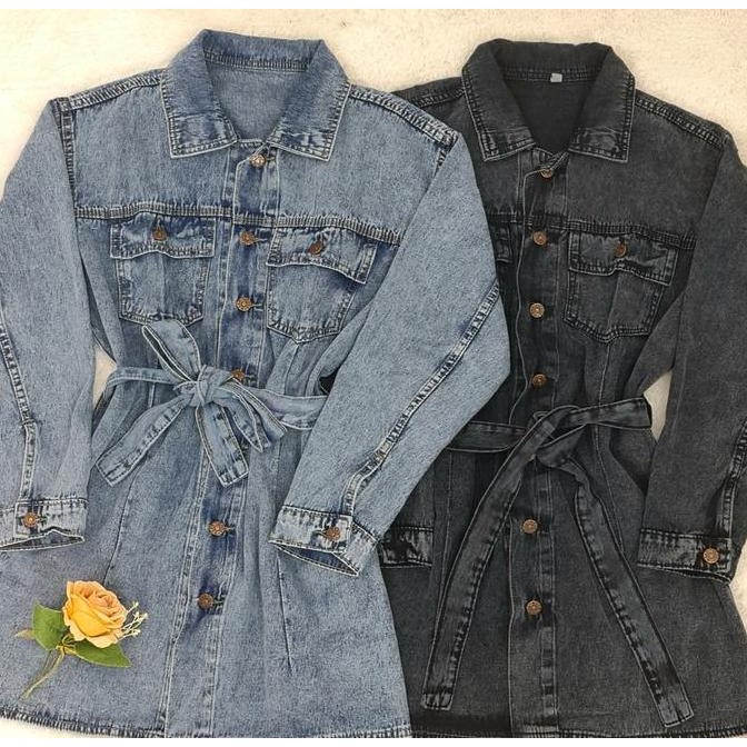 Minola Jaket Aurell Atasan Jeans Long Tunik Kancing Tebal Syar'i Muslimah Wanita Dewasa Lengan Panja