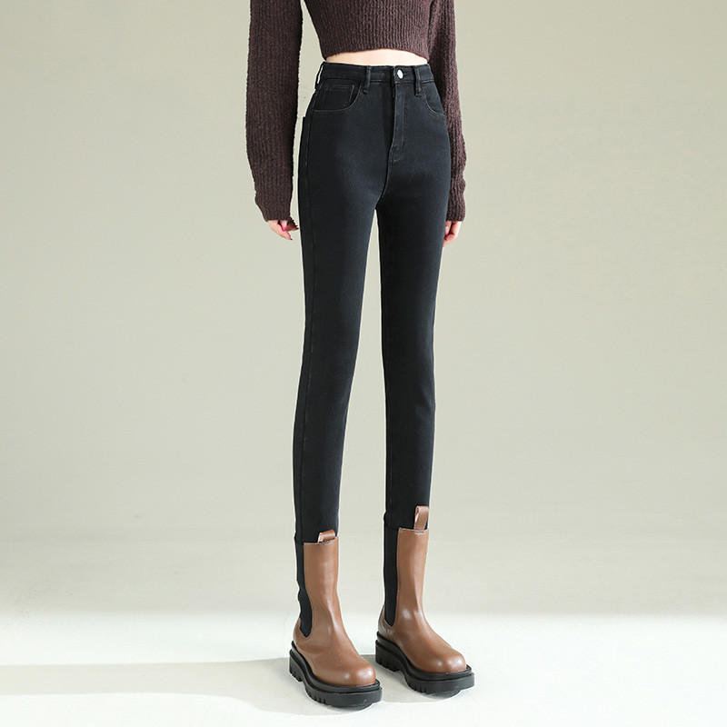 

Autumn Winter Stretchy Slim Fit Pencil Pants Versatile Slimming High Waist Black Denim Skinny Pants Nine-point Length Pants