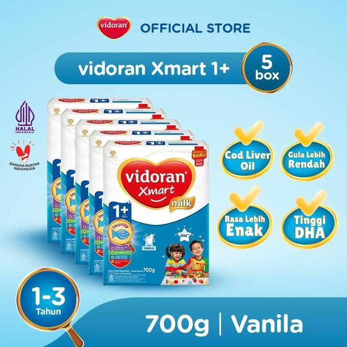 

terbaru vidoran xmart 1+ vanilla 700gr x5 box susu anak 1-3 tahun bubuk