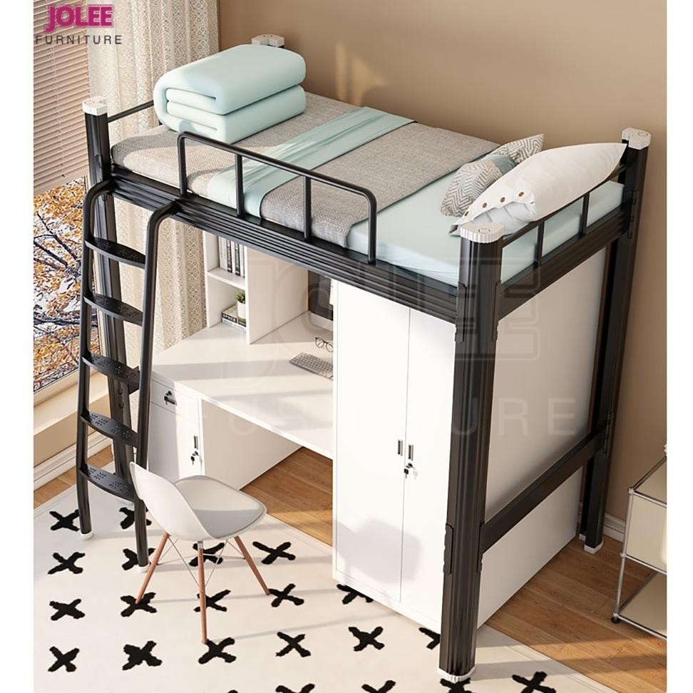 Tempat tidur besi tingkat atas, lemari besi tingkat bawah + rak buku + meja, tempat tidur tingkat