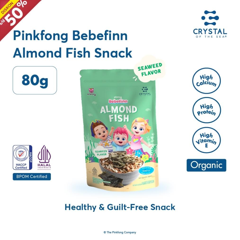 

CRYSTAL OF THE SEA Pinkfong Bebinn Almond Fish Snack Keripik Ikan Teri Kacang Almond Halal BPOM 80GR Rasa N Flavor Sehat Tanpa MSG dan Pengawet 108