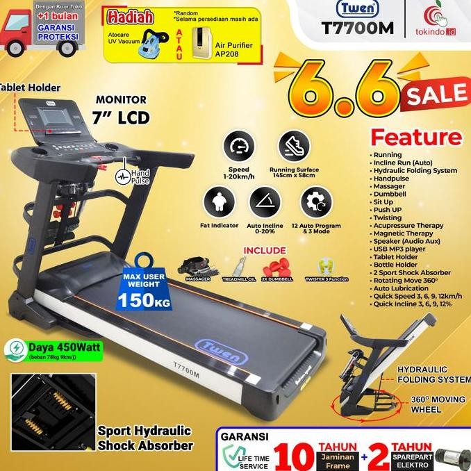 TWEN T7700 T7700M Treadmil Listrik Treadmill Portable Treadmill Multifungsi Treadmil Lipat Alat Olah