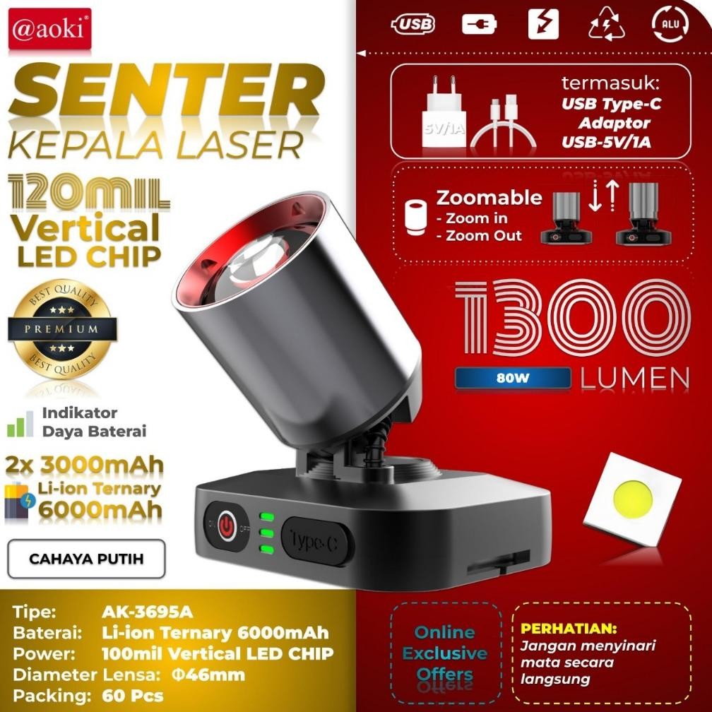 Senter Kepala Led Laser AOKI AK-3695A 80Watt 1300 Lumen Baterai 6000Mah - Zoom Jarak Jauh Dengan Ind