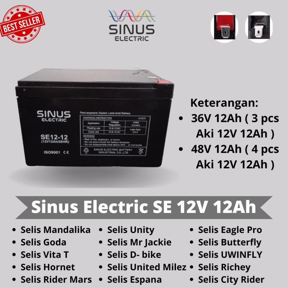 ''Terlaris" Aki Sepeda Listrik Selis Unity, Vita T, Selis Butterfly 12V 12Ah Aki Kering Sepeda Listr