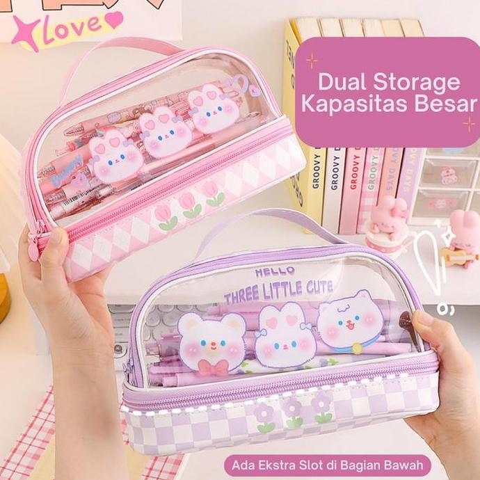 

Baru Tempat Pensil Kawaii Dual Slot Kotak Pena Lucu Aesthetic Stationery