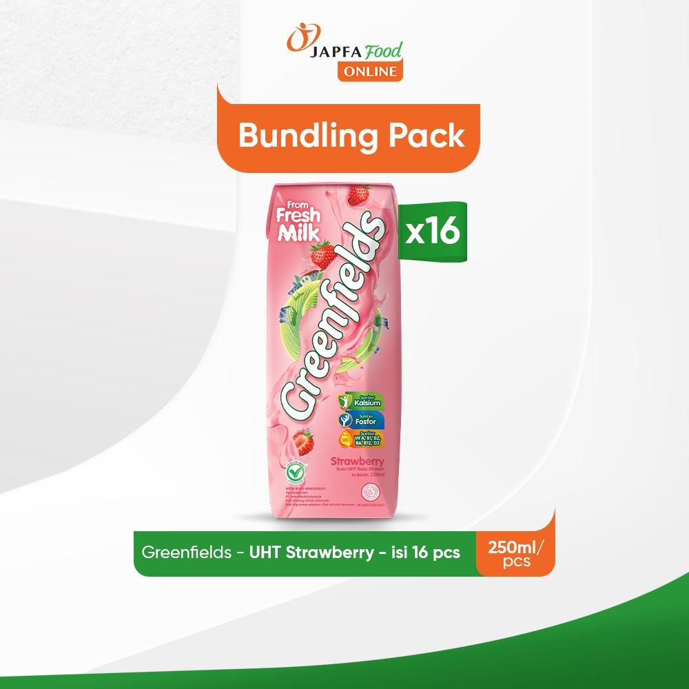 

Greenfields Susu UHT Strawberry 250 ml - isi 16 pcs - 100% Fresh Milk dari Greenfields Farm
