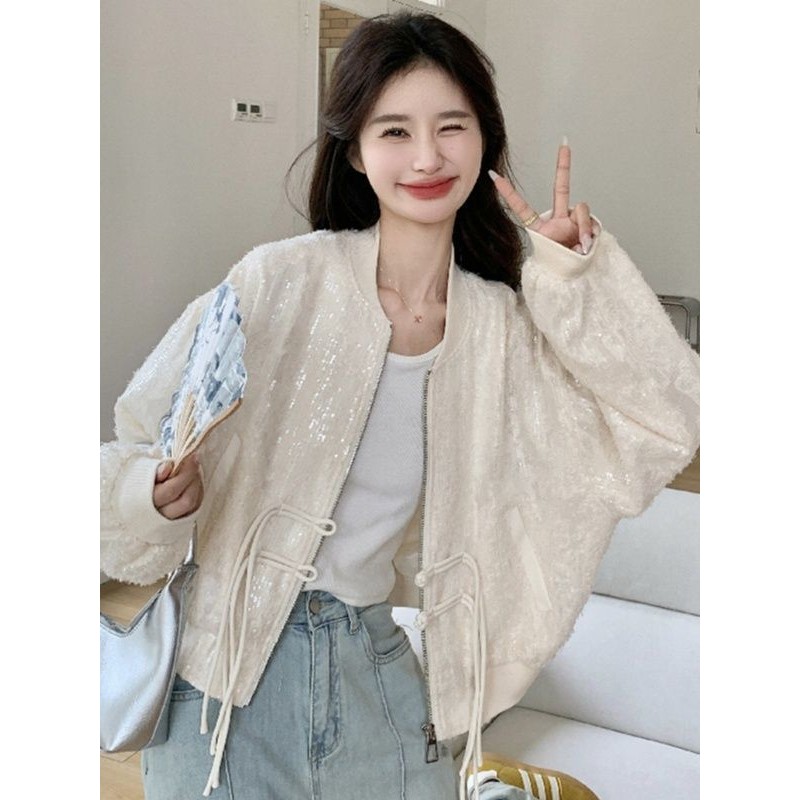 Jaket Pendek Penuh Payet untuk Wanita Gaya Cina Gaya Nasional Jaket Kancing Atas