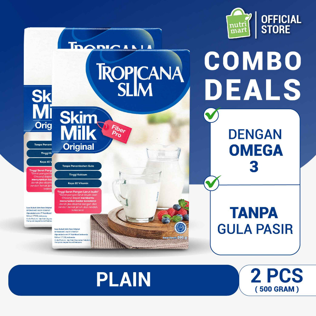 Twin Pack - Tropicana Slim Susu Skim Fiber Pro Plain 500gr - Bantu Turunkan Kolesterol