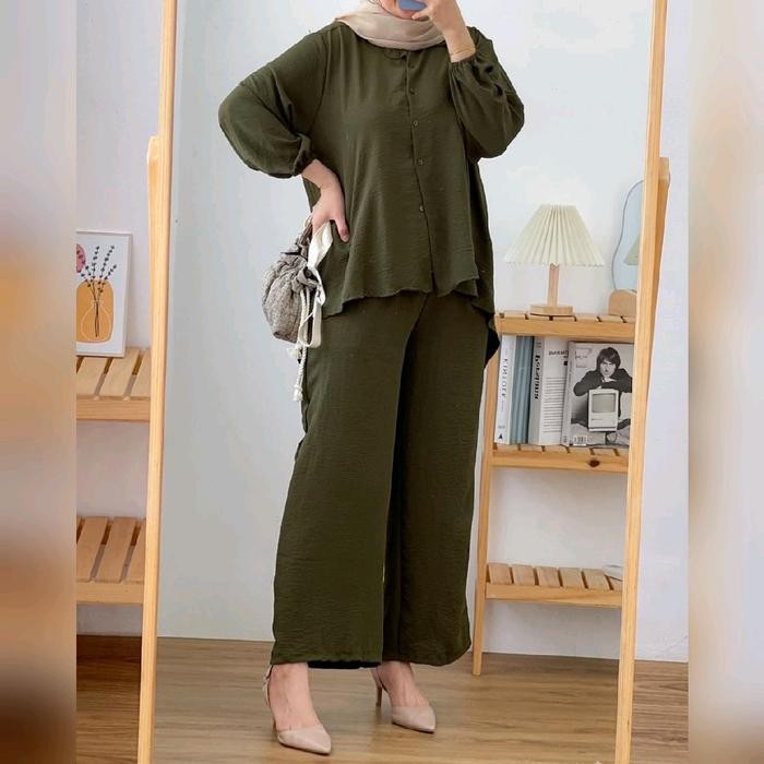 Azalea One Set Jumbo Ld 120 Cm | Setelan Atasan Tunik Muslim Wanita Dewasa Lengan Balon Full Kancing